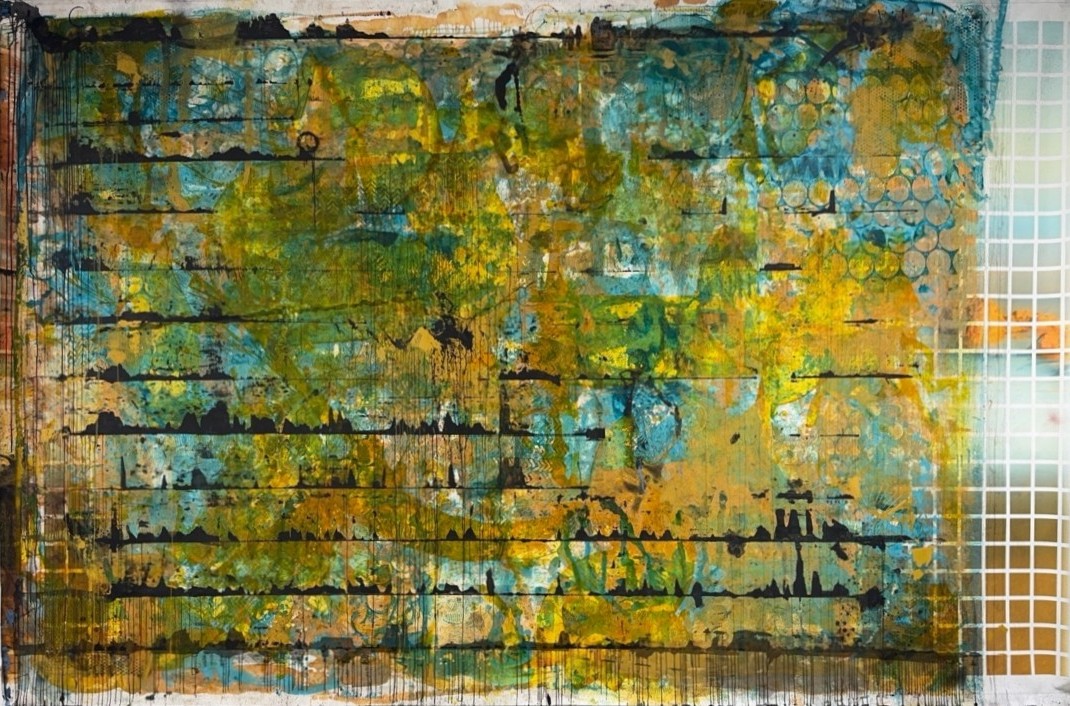 Street Sermon in Gold - Mixed media on canvas by Eder Cetina, 2025, large-scale urban abstraction with golden geometric elements